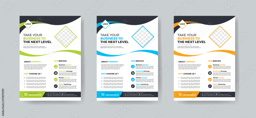 a bundle of 3 templates of different colors a4 flyer template, modern business flyer template, abstract business flyer and creative design, IT company flyer and editable vector template design