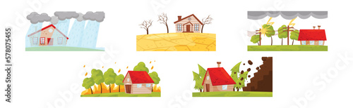 Natural Disaster and Catastrophe with House Damage Vector Set