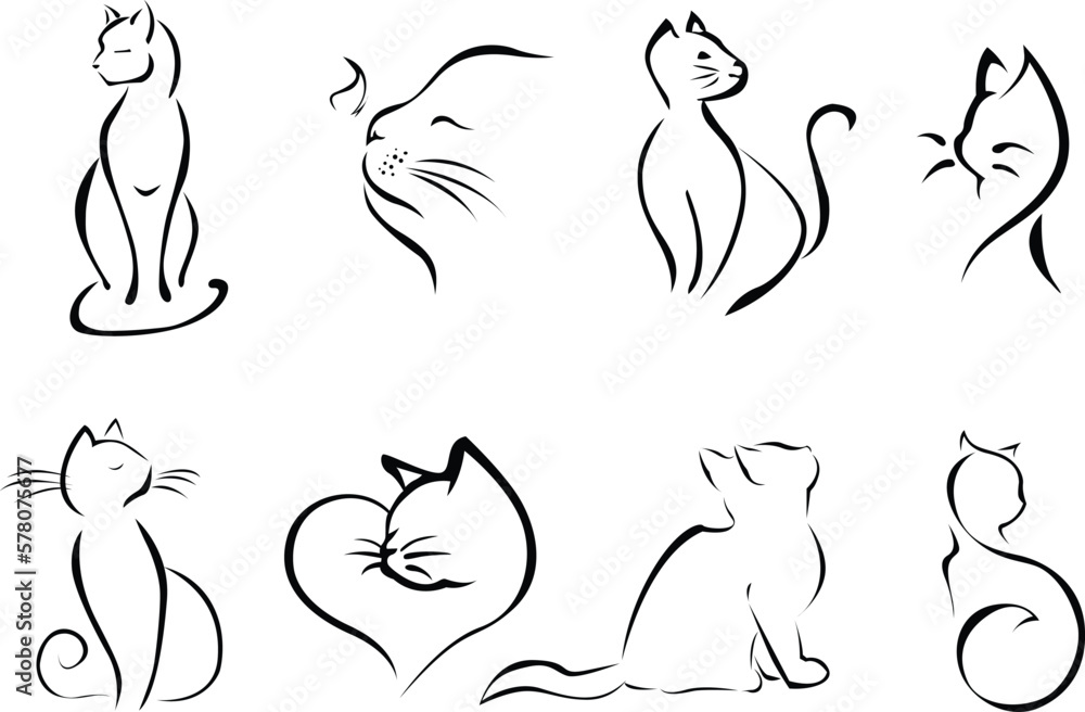 Cat Drawing Silhouette Set. Cats Line Art Hand Drawn Style, Kitten
