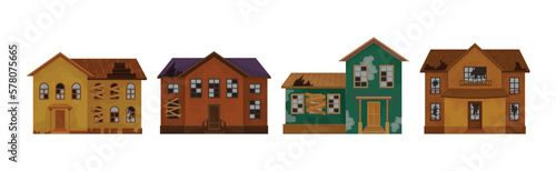 Old Weathered Houses and Dwellings as Abandoned Building in Bad Condition Vector Set