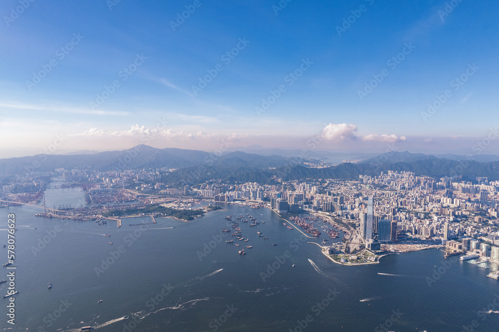 Epic aerial view of the famous landmark of Hong Kong. Victoria Harbour