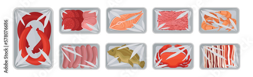 Meat Trays Keeping Food Frozen in Polyethylene Whole Package Vector Set