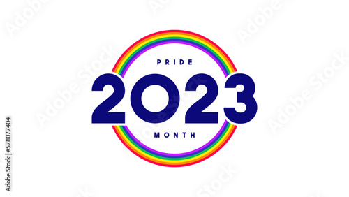 Pride Month 2023 symbol template. Vector logo of LGBTQ event 2023 with rainbow circle isolated on white background. Human rights and tolerance concept.