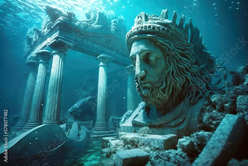 Ancient city ruins underwater, old statues on sea ground, generative AI. photo