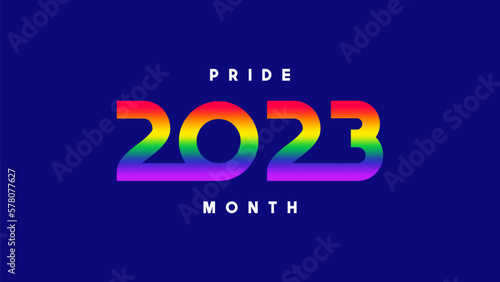Pride Month 2023 symbol template. Vector symbol of LGBTQ event 2023 with rainbow gradient numbers isolated on dark blue background. Human rights and tolerance concept.