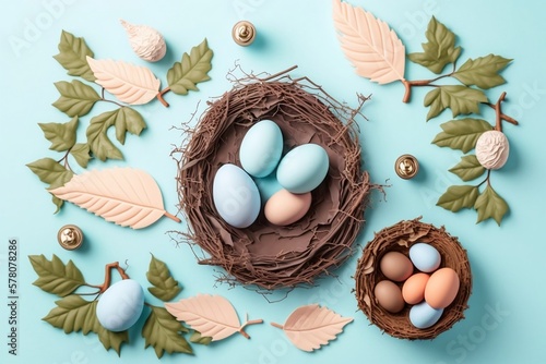 Easter poster and banner template with Easter eggs in the nest on light blue background.Greetings and presents for Easter Day in flat lay styling.Promotion and shopping template for Easter