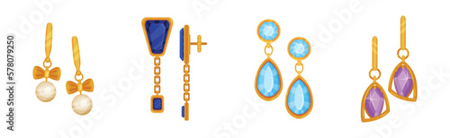 Jewellery or Jewelry Item as Personal Adornment with Earrings and Pendant Ornament Vector Set