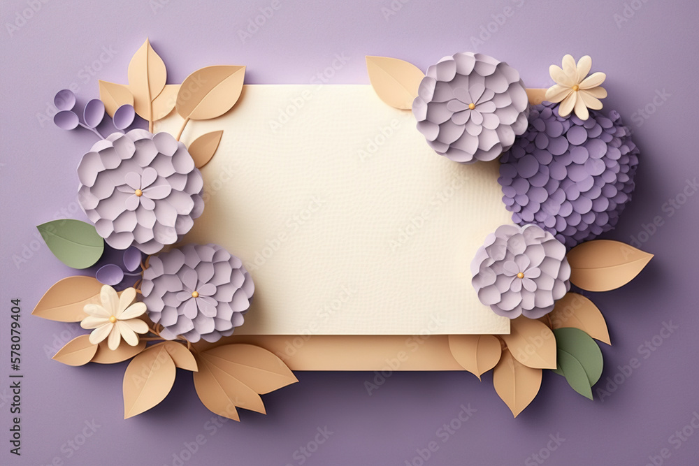 Blank greeting card template with colorful flower frame in paper cut style. Generative ai and digital illustration.