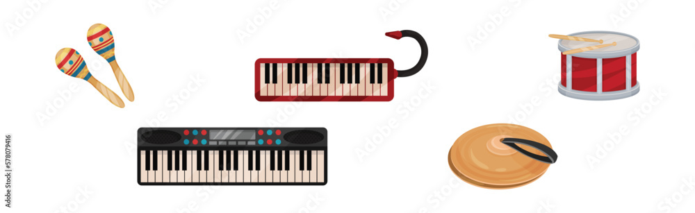 Fototapeta premium Musical Instrument with Maraca, Drum, Cymbal and Keyboard Vector Set