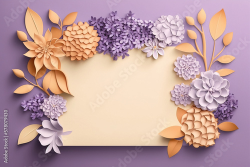 Blank greeting card template with colorful flower frame in paper cut style. Generative ai and digital illustration.