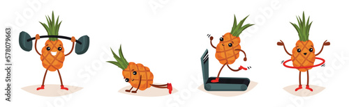 Cute Pineapple Doing Sport and Physical Activity Vector Set