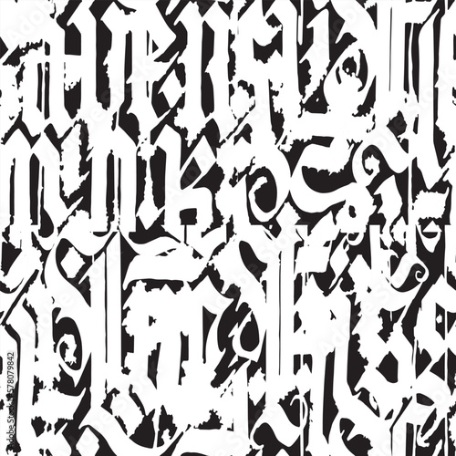 Vector seamless pattern: abstract ornament from gothic font letters and blots. White on black. Design for textile, fabric, wallpaper, wrapping paper.