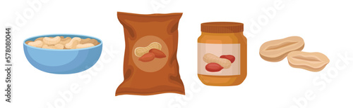 Peanut Product with Butter in Jar and Pack of Salted Snack Vector Set