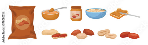 Peanut Product with Butter in Jar and Pack of Snack Vector Set