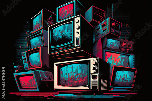 Many old televisions in the dark room. TV addiction, propaganda and the spread of fake news in the past and present. AI generated vector illustration.