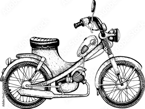 Vintage sketch motorcycle on isolated background. Vector hand drawn illustration of black motorbike in engraving style. Abstrac hand drawn art. Vintage moto cycle design. Motorbike scooter graphic