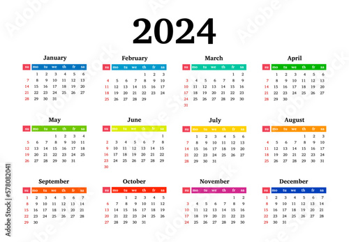 Calendar for 2024 isolated on a white background