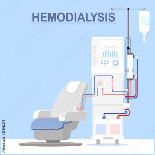 Vector illustration of dialysis machine and chair in flat style, medical equipment for kidney treatment