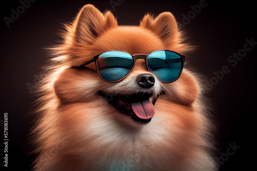 Pomeranian wearing sunglasses smiling. paste tones.