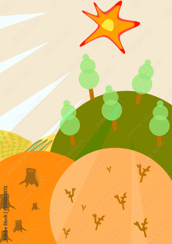 Fototapeta premium Book cover illustration for describing summer, deforestation and drought.