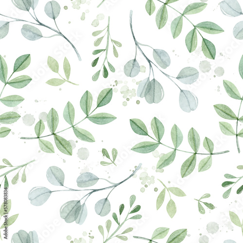 Blue eucalyptus and green branches watercolor seamless pattern wallpaper