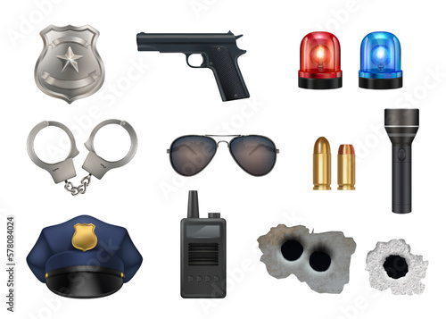 Police station. Cap flashing lights weapons equipment for police station decent vector realistic picture