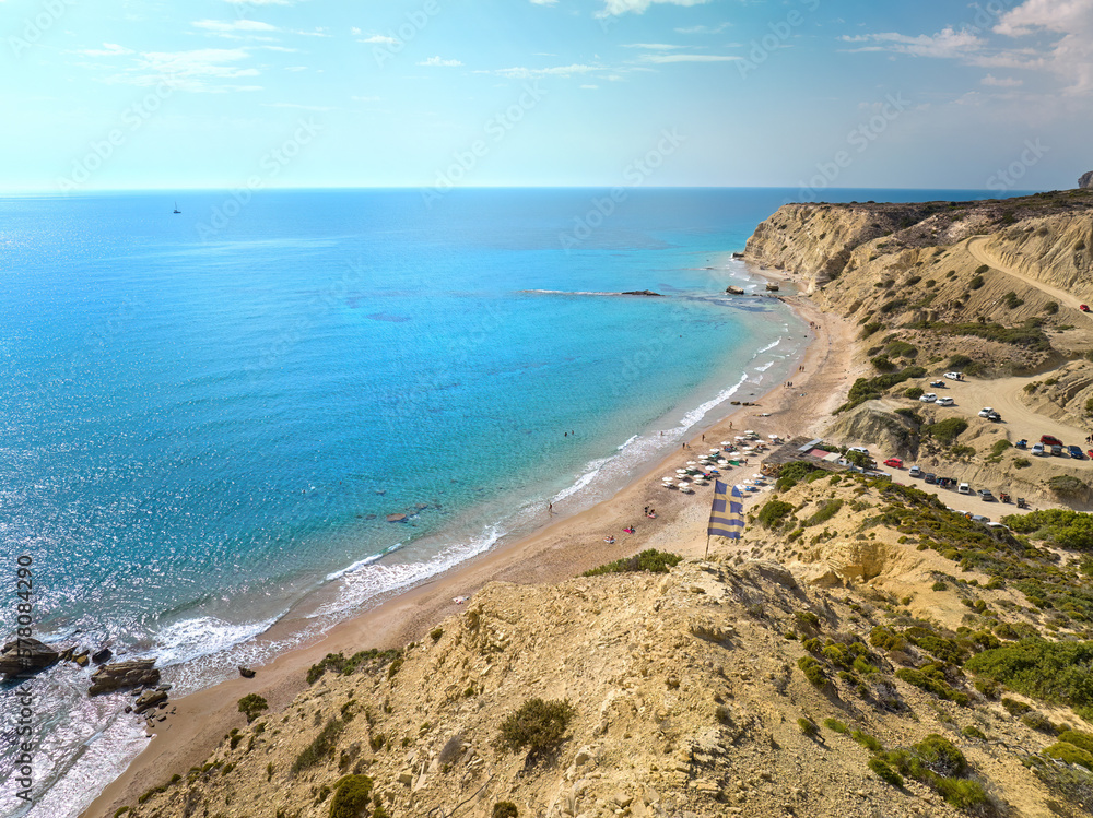 Obraz premium Aerial view of turquoise waters of Kavo Paradiso and Mystic-phenomenal Beach, Island Kos, Greece. 