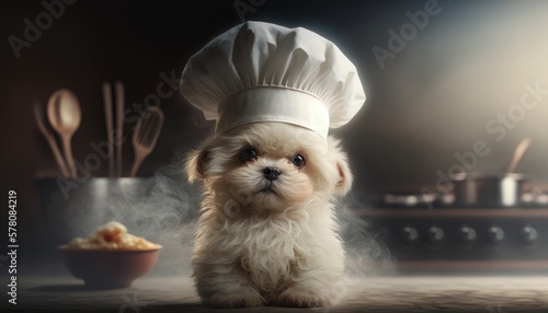 Little dog with chef's hat ready to cook. Created with Generative AI.