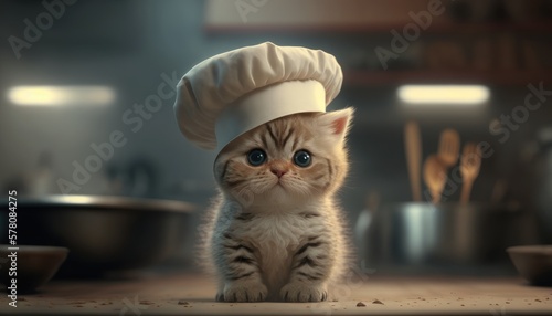 Foto Kitten with chef hat ready to cook. Created with Generative AI.