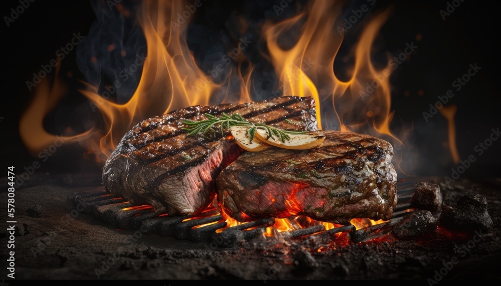 Naklejka premium Beef steaks on the grill. Created with Generative AI.