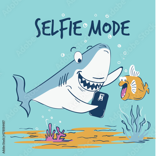 Cute cartoon shark. Shark with fish takes selfie on smartphone.