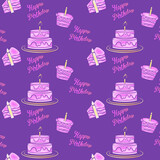 Purple background with pink birthday cake and the words happy birthday on the top.