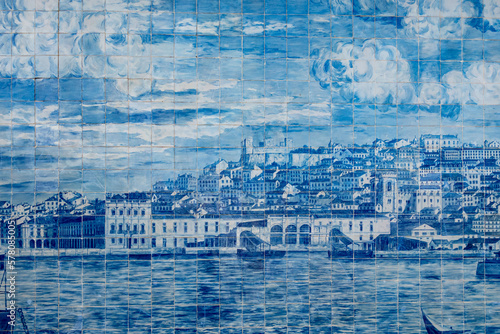 Принти на полотні Ceramic glazed tiles, called Azulejos, presenting a historic view of Lisbon