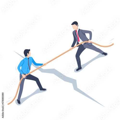 isometric vector illustration on a white background, men in business clothes pull the rope each to their own side, business rivalry or conflict of interest