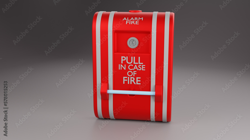 3d render Fire alarm system illustration. Pull danger fire safety box. Break red alarm equipment detector with dark gray background 3d render Fire alarm system illustration. Pull danger fire safety box. Break red alarm equipment detector with dark gray background