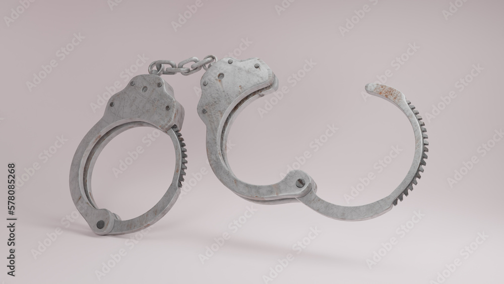 3d render Old handcuffs open and closed ring illustration on white background 3d render Old handcuffs open and closed ring illustration on white background