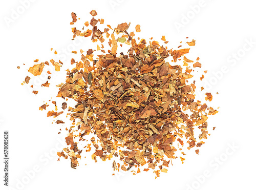 Dried smoking tobacco isolated on a white background, top view.