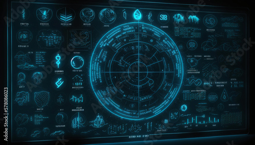  Futuristic technology concept. Circular hud element in the center of virtual reality of big data. cyber system security for technology business . Generative AI.