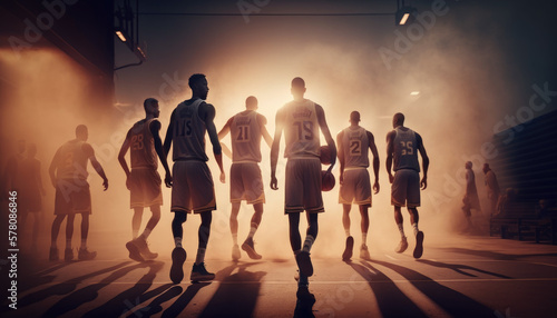 Basketball team on the basketball court at sunset created with generative AI technology