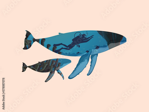 Seascape inside silhouette animal, underwater scape sea Whale animals vector illustration.