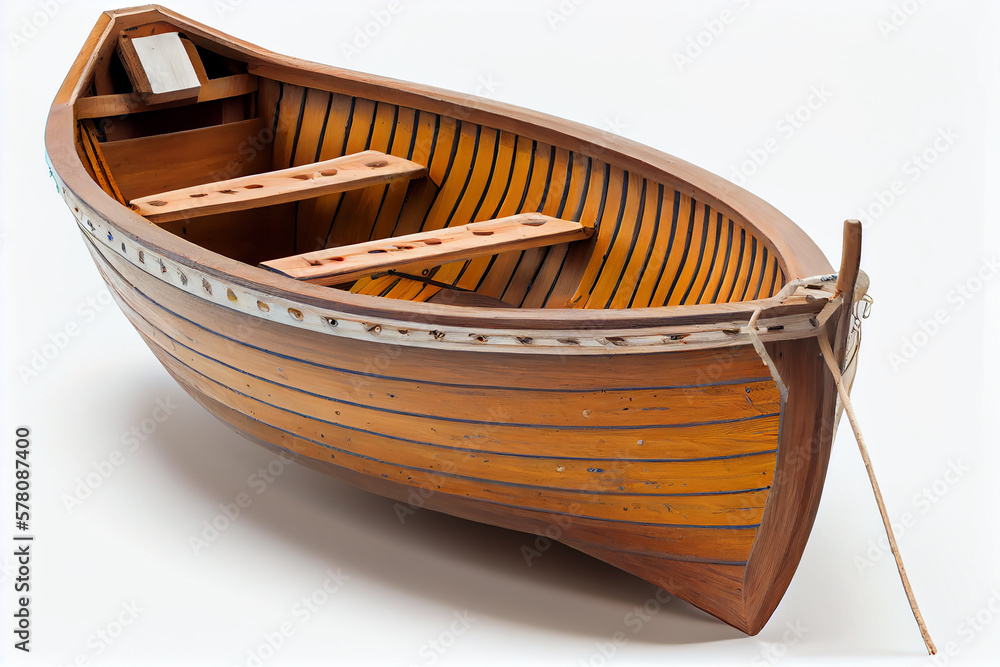 Small wooden empty rowing boat isolated on pure white background. Generative Ai. Small wooden empty rowing boat isolated on pure white background. Generative Ai.