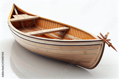 Small wooden empty rowing boat isolated on pure white background. Generative Ai.