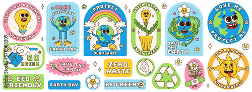 Save the planet sticker set in trendy groovy style. Earth Day. Funny vector earth character and mascot. Eco friendly conception. Vector illustration.