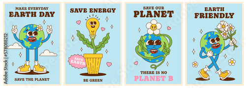 Save the planet poster set in trendy groovy style. Earth Day. Earth friendly. Save energy. Funny vector earth character and mascot. Eco friendly conception. Vector illustration.