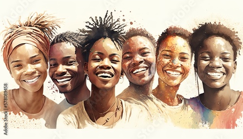 Group of happy young african people. Charity donation and volunteer work. International Volunteers day, week. Support and assistance, diversity, multicultural. Watercolor illustration. Generative AI photo