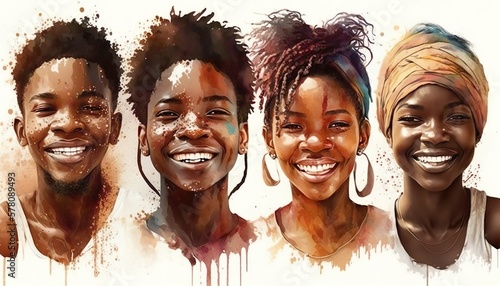 Group of happy young african people. Charity donation and volunteer work. National Volunteers week. Support and assistance, People diversity, multicultural. Watercolor illustration. Generative AI