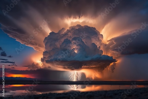 Thunderstorm supercell cloud with lightning bolts flashing over horizon. Generative ai illustration. photo