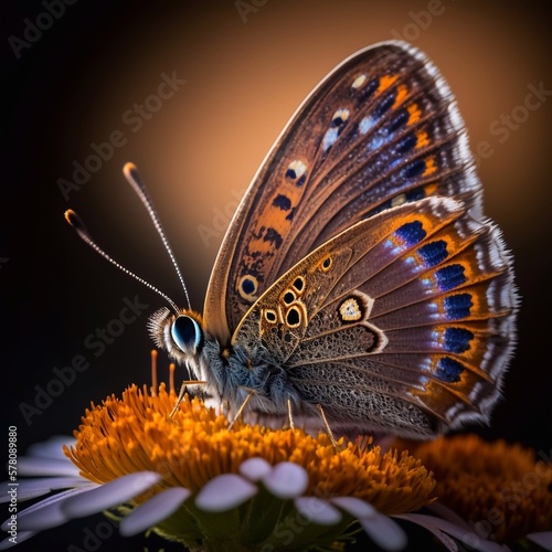 Macro image of a butterfly on the flower made with Generative AI.