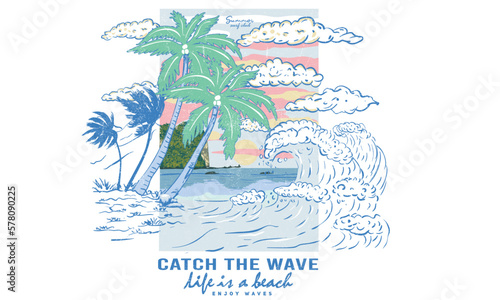 Summer retro graphic print design. Beach vibes with board print design. Hand sketch beach vector design. Beach wave. palm tree artwork.