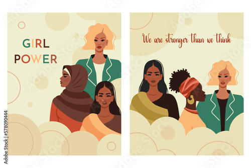 Feminist movement. Womens of different nationalities together. Girl power. Feminism, women empowerment, support, diversity, gender equality concept. Vector illustration for social media post, poster